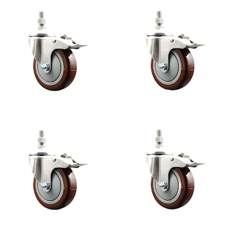 Service Caster 4 Inch 316SS Maroon Polyurethane Swivel 10mm Stem Caster Set Lock Brake SCC SS316TSTTL20S414-PPUB-MRN-M1015-4